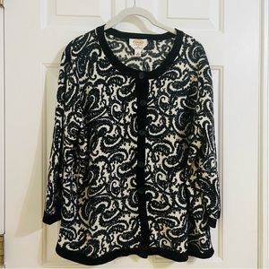 Talbots Woman 100% Merino Wool Paisley buttoned down cardigan Black/White Size X